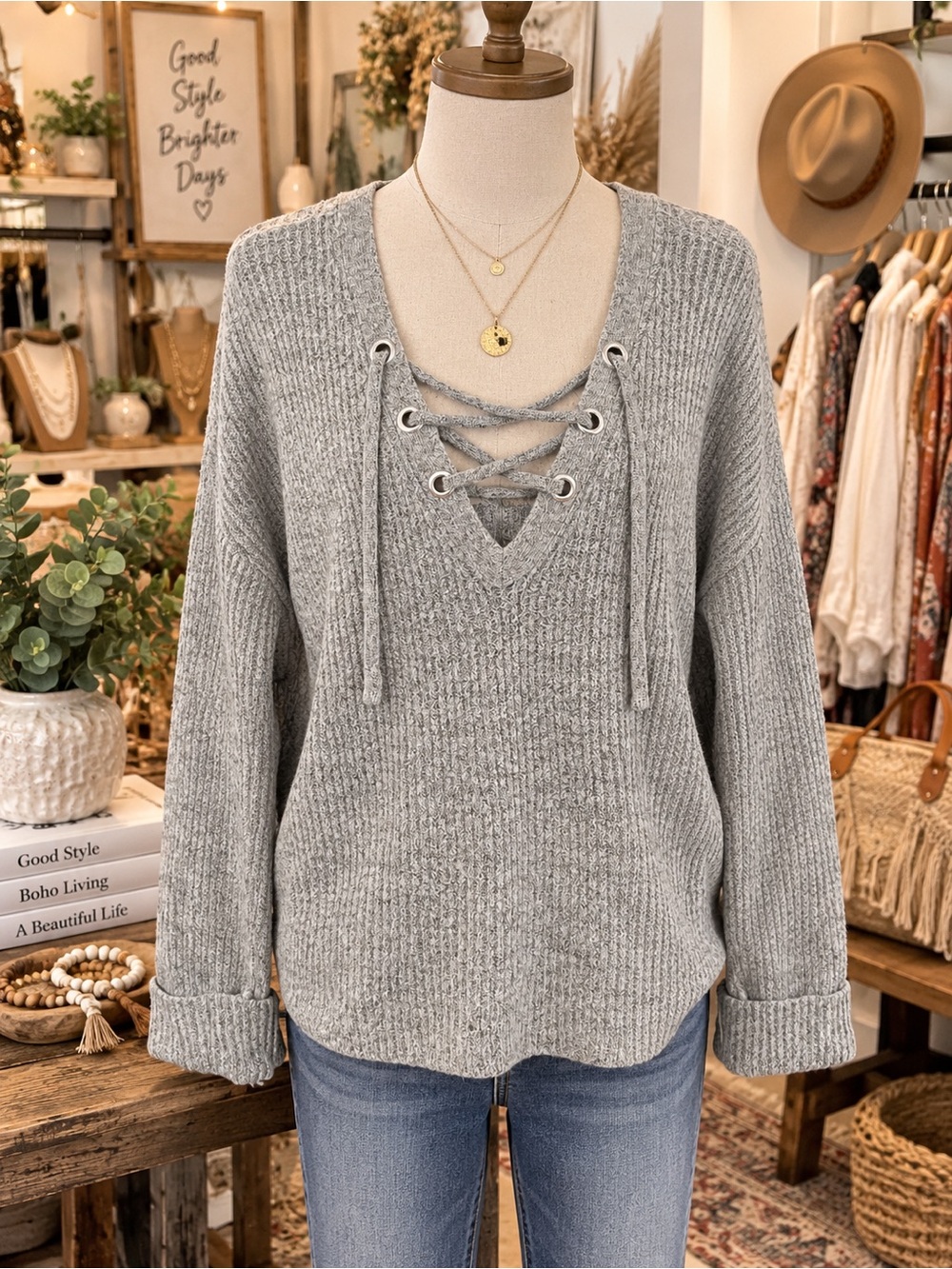 No Boundaries Gray Lace-Up V-Neck Ribbed Sweater